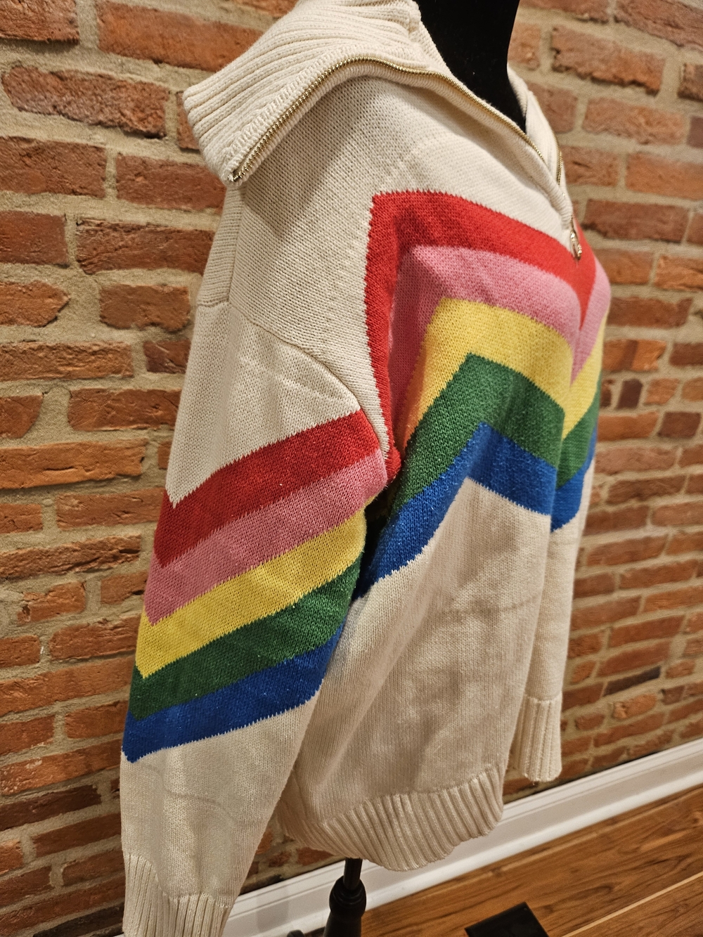 Cream Chevron Zip-Neck Sweater with Rainbow Stripes - Picture 5 of 6